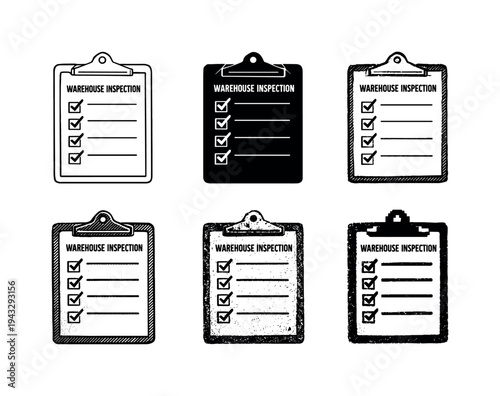 Warehouse inspection clipboard with ticked checklist sheet for auditing inventory and safety procedures | Create ONE image