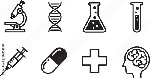 A set of vector line art silhouettes depicting medical and science symbols in a simple illustration style