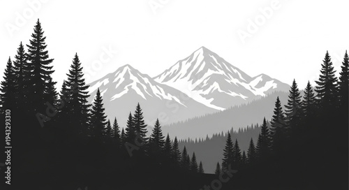 Snowcapped Mountains and Forest Silhouette.