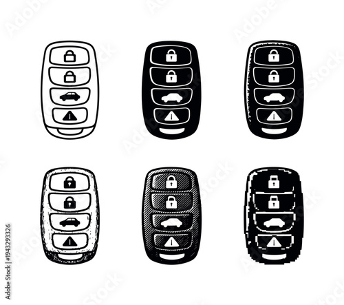 Smart vehicle key remote with compact casing and multiple buttons for secure car access | Create ONE image containing EXACTLY six