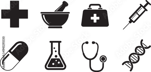 A set of medical icons including a cross, mortar, first aid kit, syringe, capsule, beaker, stethoscope, and DNA helix in vector line art silhouette style