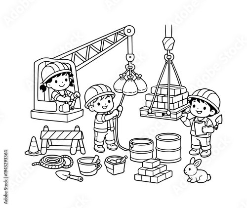 Crane lift scene with kids pretending to work, hoisting sandbags and bricks, construction signs, small tools, and barrels