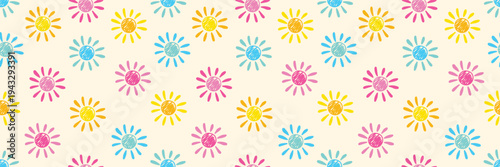 Cute hand drawn sun background. Summer pattern. Panoramic header. Vector illustration