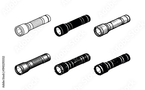 Flashlight Style Variations. Compact LED flashlight with straight body and front bezel used for camping and power outages | Create