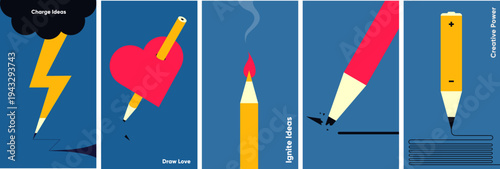 Illustration depicting creative concepts with pencils and symbols like lightning, heart, and flame. Each panel represents a unique idea, emphasizing creativity and inspiration.