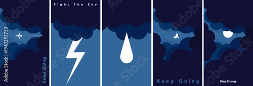 Illustration depicting motivational themes with elements like an airplane, lightning, raindrop, bird, and moon against a dark sky. Encouraging messages are included in the design.