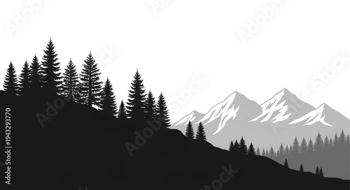 Silhouetted Trees and Snowy Mountains.