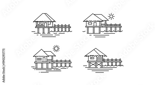 Collection of simple line art overwater bungalows on stilts in the ocean
