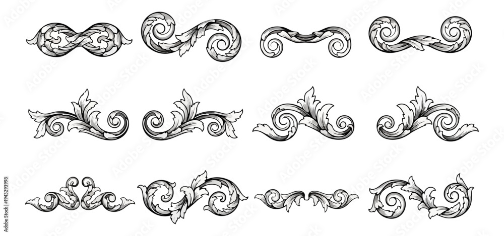 Fototapeta premium Decorative floral ornaments on black background