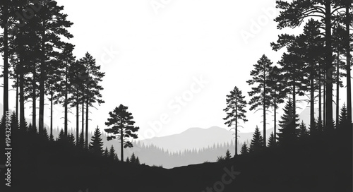 Silhouetted Trees on Mountain Landscape.