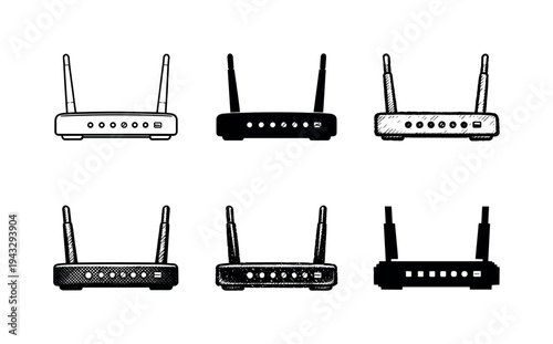 Broadband router with upright antennas and status indicators designed for home office networking | Create ONE image containing
