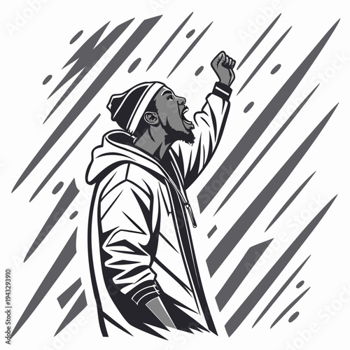 Man wearing hoodie and beanie raises fist in solidarity with angled lines background powerful protest freedom equality message black and white