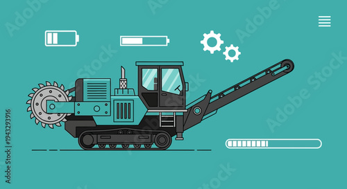 Modern Industrial Excavator Machine With Battery And Gear Icons