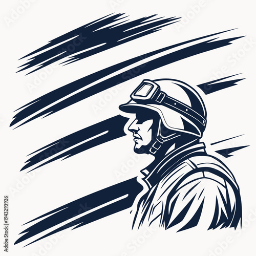 Profile of man wearing helmet and goggles with angled lines background industrial worker pilot or soldier strength determination