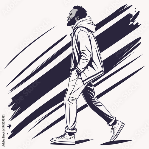 Man walking confidently wearing hoodie pants and sneakers with dark angled lines background casual urban street style fashion