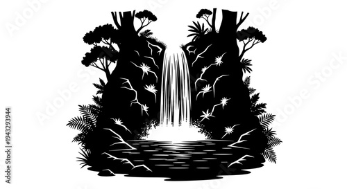 Silhouette of a lush jungle waterfall cascading into a serene pool surrounded by tropical foliage