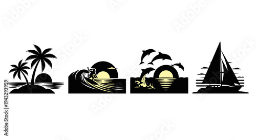 Tropical island, surfing, dolphins, and sailboat silhouettes at sunset