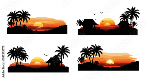 Tropical island silhouettes at sunset with palm trees and beach huts