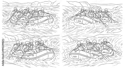 Group of people white water rafting down a rough river with paddles