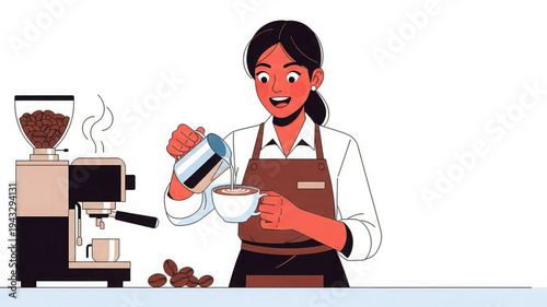 Barista pouring steamed milk into a coffee cup beside a coffee machine