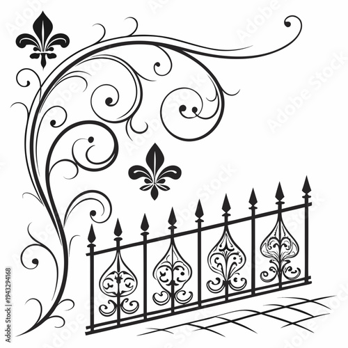 Ornate wrought iron fence with decorative fleur de lis and swirling floral corner element vintage architectural detail