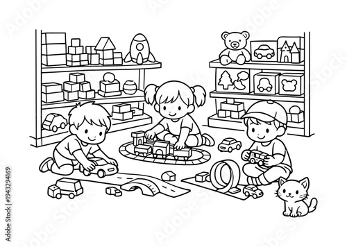 Toy store scene with kids playing with toy cars and trains, shelves stacked with puzzles and blocks, a tiny cat watching