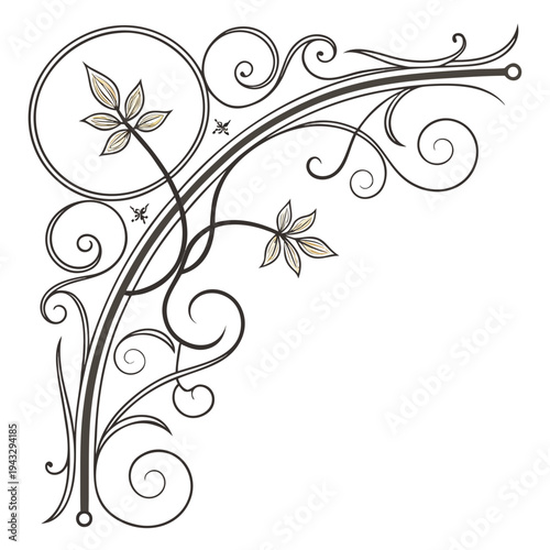 Ornate corner scrollwork with stylized leaves and small flying insects vintage decorative element for design