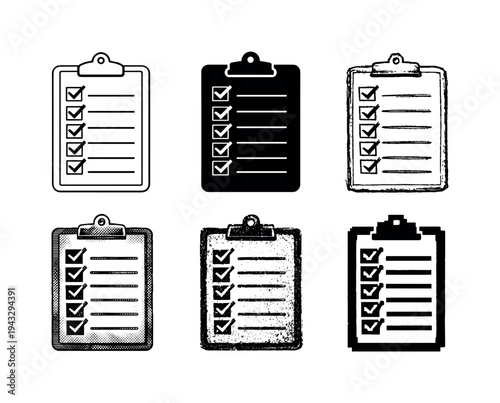 Delivery Checklist Variants. Delivery checklist clipboard with marked boxes for shipment verification and order confirmation |