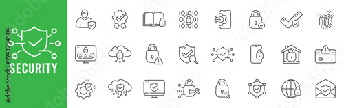 Cybersecurity security icons with shield, lock, encryption, cloud protection, fingerprint authentication, access control, breach alerts, compliance, editable stroke line outline.