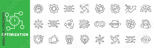 Optimization icon set featuring performance improvement, workflow automation, analytics dashboard, gear settings, business growth, outline line icons with editable stroke vector.