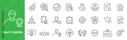 Quality control icon set featuring certification, performance evaluation, star rating, compliance verification, audit management, outline line icons with editable stroke vector.