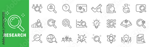 Research icon set featuring data analysis, market investigation, scientific study, search tools, analytics reports, outline line icons with editable stroke vector.