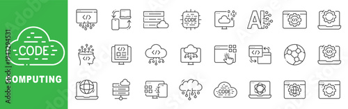Outline code computing icon set for software development, cloud programming, API integration, DevOps automation, UI dashboard, editable stroke vectors.