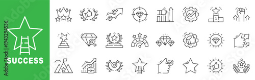 Success icon set featuring achievement, business growth, financial progress, awards and recognition, outline line icons with editable stroke vector.