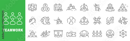 Teamwork icon set featuring collaboration, communication, global partnership, business coordination, and team building concepts in outline line style with editable stroke vector.