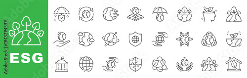 ESG sustainability icon set with global protection, renewable energy, recycling, governance, environmental conservation, outline line icons, editable stroke vector.