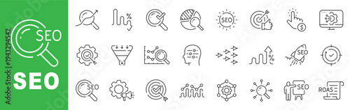 SEO icon set featuring search optimization, keyword research, analytics growth, digital marketing strategy, outline line icons with editable stroke vector.