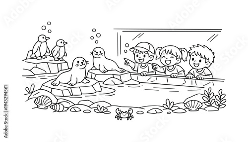 Aquarium trip with kids observing penguins and seals on rocks, friends laughing and pointing, shells and small plants around, a