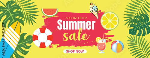 summer tropical horizontal banner and summer background for social media cover header banner Summer sale banner special offer with watermelon slice ice cream and cocktail on yellow brush background
