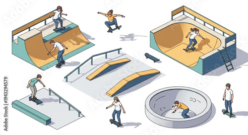 Skateboarders Performing Tricks at Skatepark.