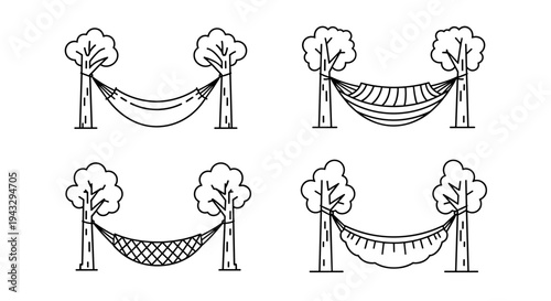 Collection of four different styles of hammocks strung between trees in a simple line art design