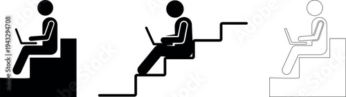 Person sitting on stairs and working on laptop silhouette and outline vector illustration isolated on transparent background