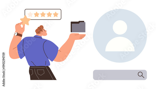 Customer satisfaction, review systems, user interface, data organization, online surveys, customer service. Person with a rating star and folder. Customer satisfaction and review systems concept