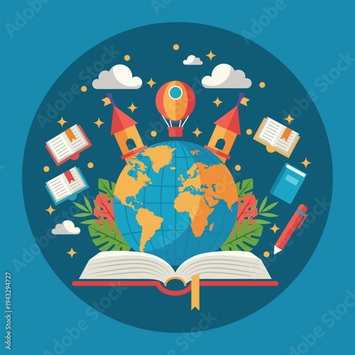 Global Education Concept Illustration – Books, Globe, and Learning Symbols Flat Vector Design