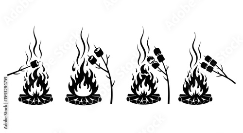 Campfire and marshmallows roasting on sticks, black and white illustration