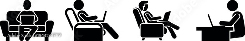 Stick figure silhouette vector illustration showing person sitting on sofa and armchairs using laptop isolated on transparent background