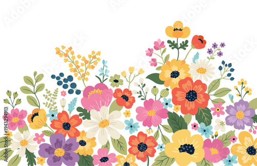 vector image of colorful wildflower border composition with many blooming flowers and leaves in flat hand drawn botanical style, decorative floral garden illustration