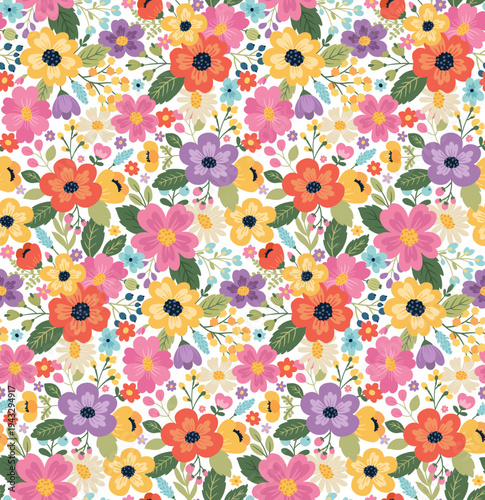 vector image of dense seamless floral pattern in flat folk style with colorful wildflowers, leaves and berries, decorative botanical background