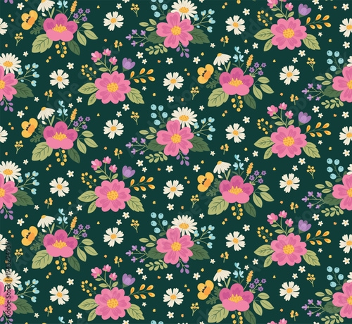 vector image of seamless floral pattern with pink flowers, daisies and small wildflowers on dark green background in flat hand drawn folk style