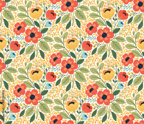 vector image of seamless dense floral pattern in flat folk style with red flowers, leaves and tiny yellow blossoms, decorative botanical background